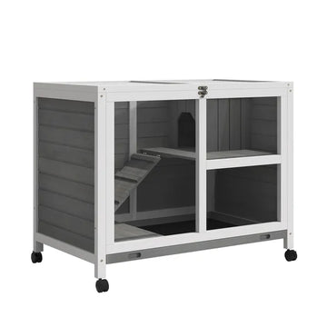 2-Story Bunny Hutch Indoor, Wooden Guinea Pig Cage with Tray, Casters, Lockable Doors, Ramp Gray - product image 1