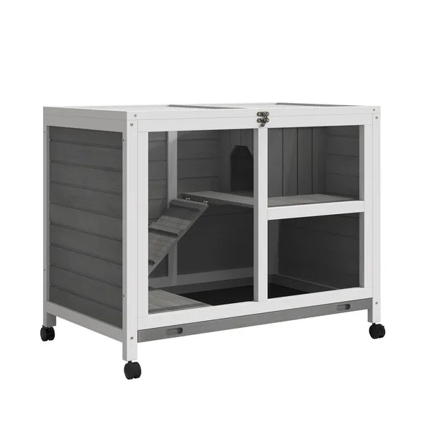 2-Story Bunny Hutch Indoor, Wooden Guinea Pig Cage with Tray, Casters, Lockable Doors, Ramp Gray - product image 1