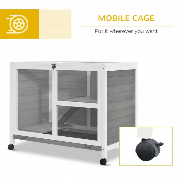 2-Story Bunny Hutch Indoor, Wooden Guinea Pig Cage with Tray, Casters, Lockable Doors, Ramp Gray - product image 6