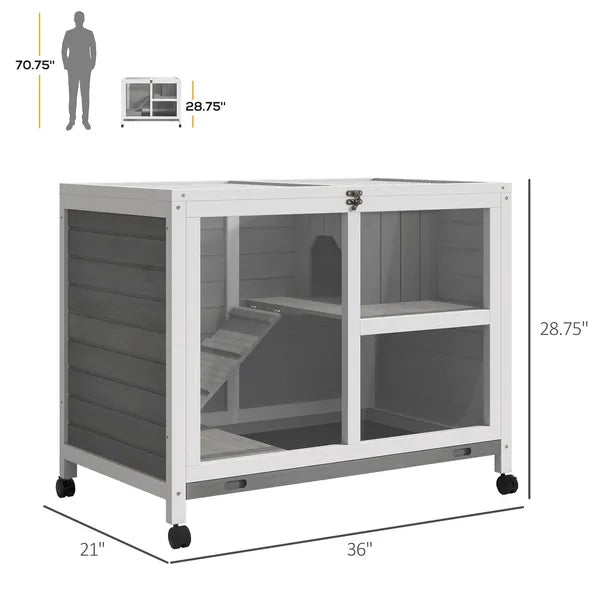 2-Story Bunny Hutch Indoor, Wooden Guinea Pig Cage with Tray, Casters, Lockable Doors, Ramp Gray - product image 3