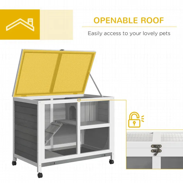 2-Story Bunny Hutch Indoor, Wooden Guinea Pig Cage with Tray, Casters, Lockable Doors, Ramp Gray - product image 5