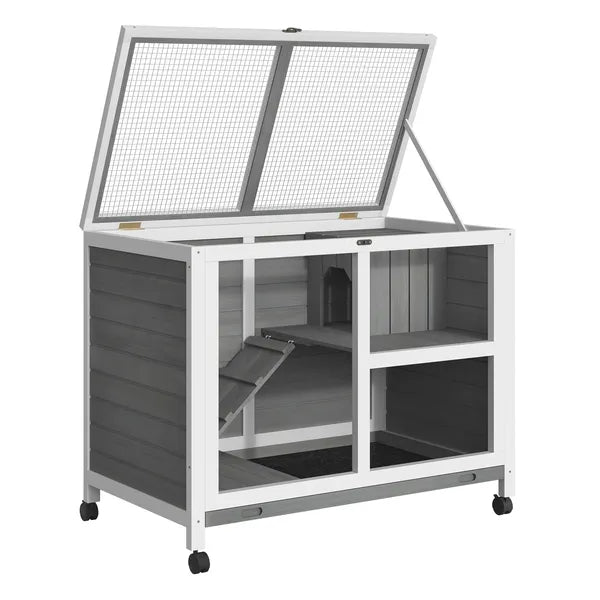 2-Story Bunny Hutch Indoor, Wooden Guinea Pig Cage with Tray, Casters, Lockable Doors, Ramp Gray - product image 9