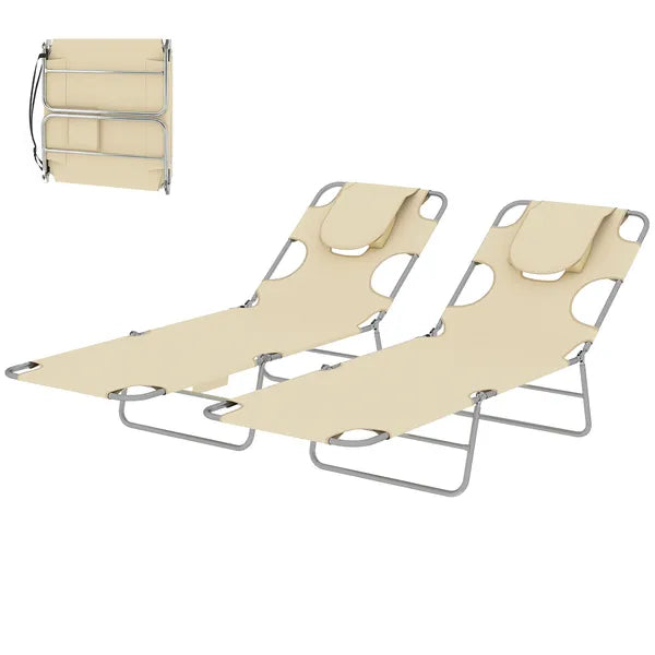 2 Tanning Chairs with Face Hole, 5-Level Adjustable Outdoor Chaise Lounge Chair with Pillow for Beach, Pool, Beige - product image 1
