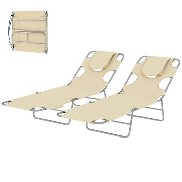 2 Tanning Chairs with Face Hole, 5-Level Adjustable Outdoor Chaise Lounge Chair with Pillow for Beach, Pool, Beige - product image 1