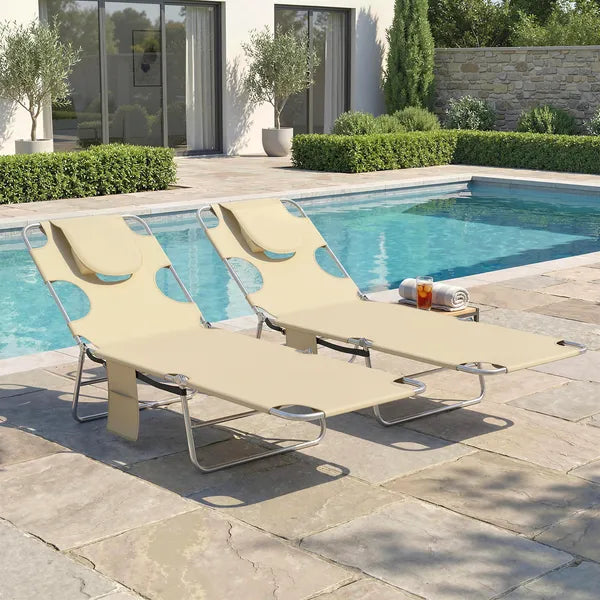 2 Tanning Chairs with Face Hole, 5-Level Adjustable Outdoor Chaise Lounge Chair with Pillow for Beach, Pool, Beige - product image 9
