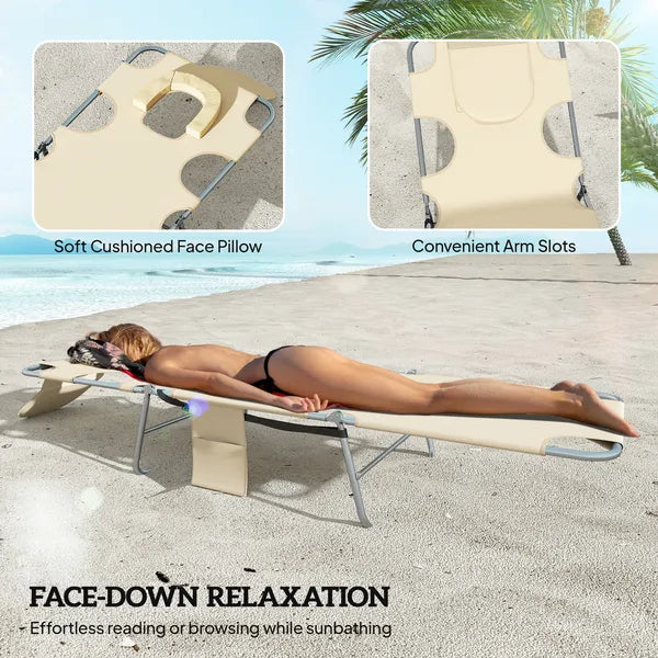 2 Tanning Chairs with Face Hole, 5-Level Adjustable Outdoor Chaise Lounge Chair with Pillow for Beach, Pool, Beige - product image 5