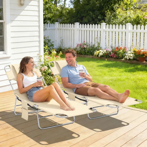 2 Tanning Chairs with Face Hole, 5-Level Adjustable Outdoor Chaise Lounge Chair with Pillow for Beach, Pool, Beige - product image 2