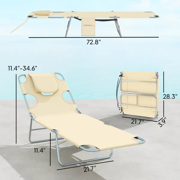 2 Tanning Chairs with Face Hole, 5-Level Adjustable Outdoor Chaise Lounge Chair with Pillow for Beach, Pool, Beige - product image 3