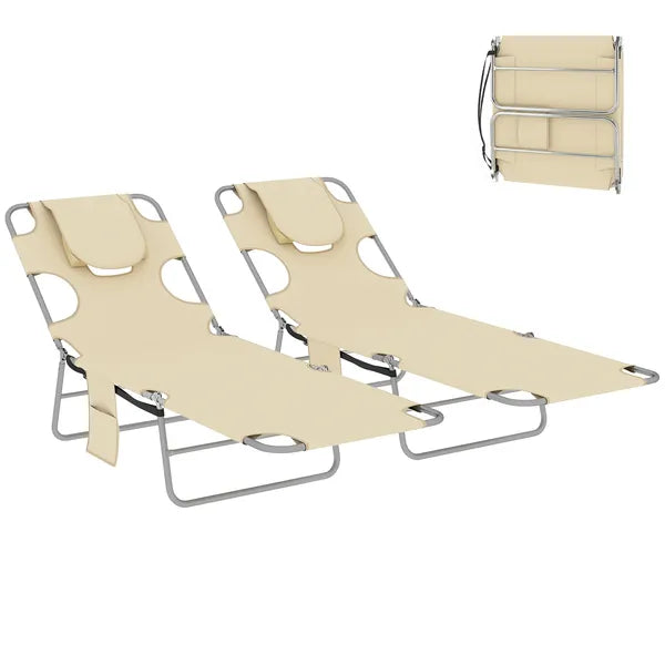 2 Tanning Chairs with Face Hole, 5-Level Adjustable Outdoor Chaise Lounge Chair with Pillow for Beach, Pool, Beige - product image 11