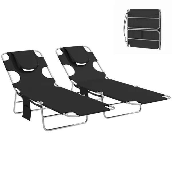 2 Tanning Chairs with Face Hole, 5-Level Adjustable Outdoor Chaise Lounge Chair with Pillow for Beach, Pool, Black - product image 11