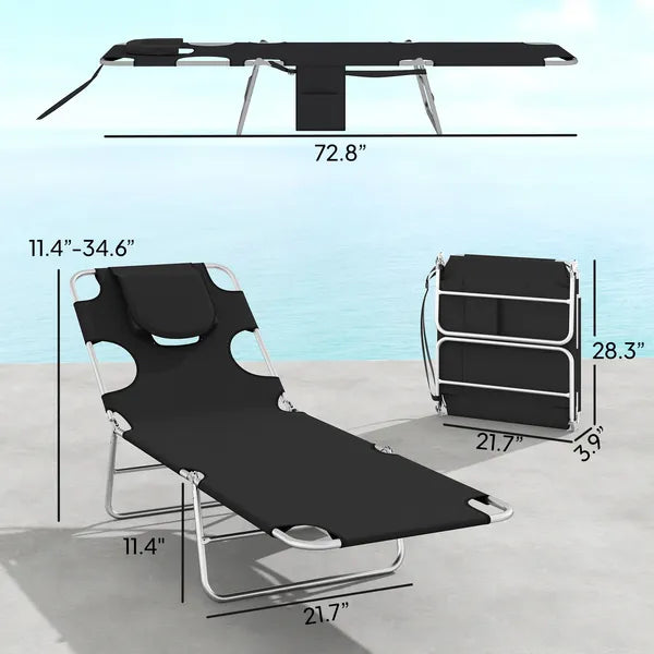 2 Tanning Chairs with Face Hole, 5-Level Adjustable Outdoor Chaise Lounge Chair with Pillow for Beach, Pool, Black - product image 3