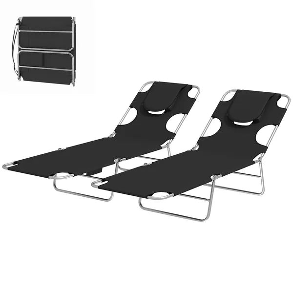 2 Tanning Chairs with Face Hole, 5-Level Adjustable Outdoor Chaise Lounge Chair with Pillow for Beach, Pool, Black - product image 1