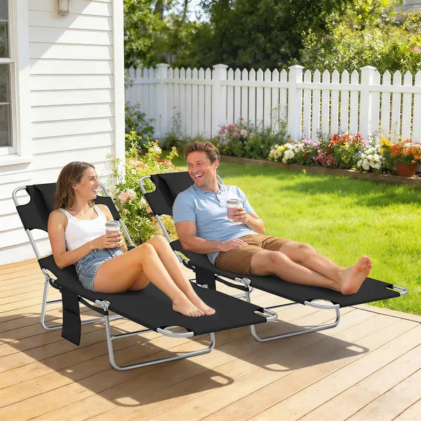 2 Tanning Chairs with Face Hole, 5-Level Adjustable Outdoor Chaise Lounge Chair with Pillow for Beach, Pool, Black - product image 2