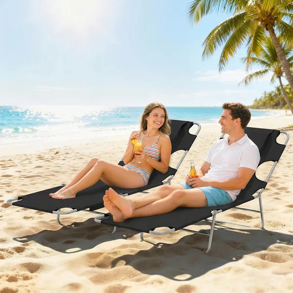 2 Tanning Chairs with Face Hole, 5-Level Adjustable Outdoor Chaise Lounge Chair with Pillow for Beach, Pool, Black - product image 10