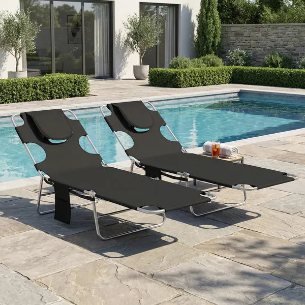 2 Tanning Chairs with Face Hole, 5-Level Adjustable Outdoor Chaise Lounge Chair with Pillow for Beach, Pool, Black - product image 9