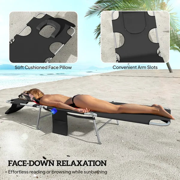 2 Tanning Chairs with Face Hole, 5-Level Adjustable Outdoor Chaise Lounge Chair with Pillow for Beach, Pool, Black - product image 5