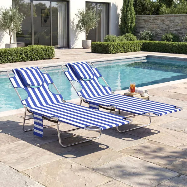 2 Tanning Chairs with Face Hole, 5-Level Adjustable Outdoor Chaise Lounge Chair with Pillow for Beach, Pool, Blue Stripe - product image 8