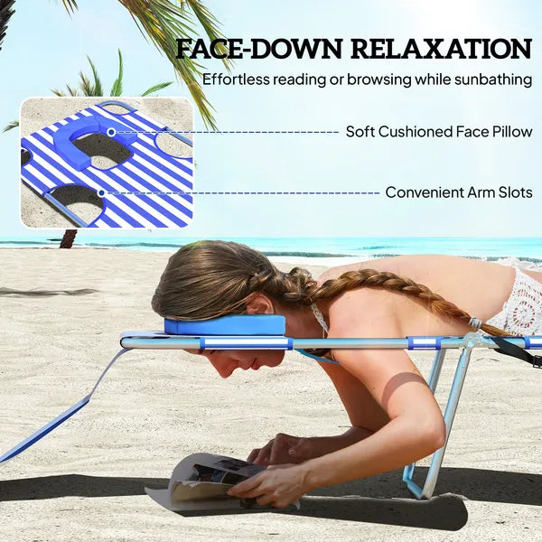 2 Tanning Chairs with Face Hole, 5-Level Adjustable Outdoor Chaise Lounge Chair with Pillow for Beach, Pool, Blue Stripe - product image 5