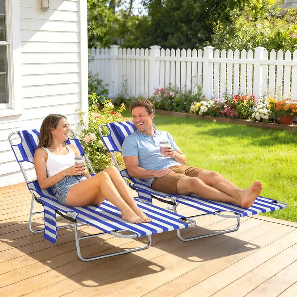 2 Tanning Chairs with Face Hole, 5-Level Adjustable Outdoor Chaise Lounge Chair with Pillow for Beach, Pool, Blue Stripe - product image 2