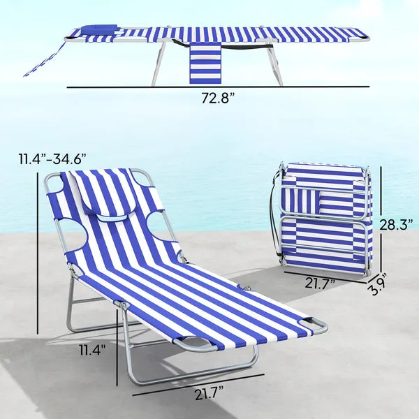 2 Tanning Chairs with Face Hole, 5-Level Adjustable Outdoor Chaise Lounge Chair with Pillow for Beach, Pool, Blue Stripe - product image 3