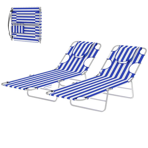 2 Tanning Chairs with Face Hole, 5-Level Adjustable Outdoor Chaise Lounge Chair with Pillow for Beach, Pool, Blue Stripe - product image 1