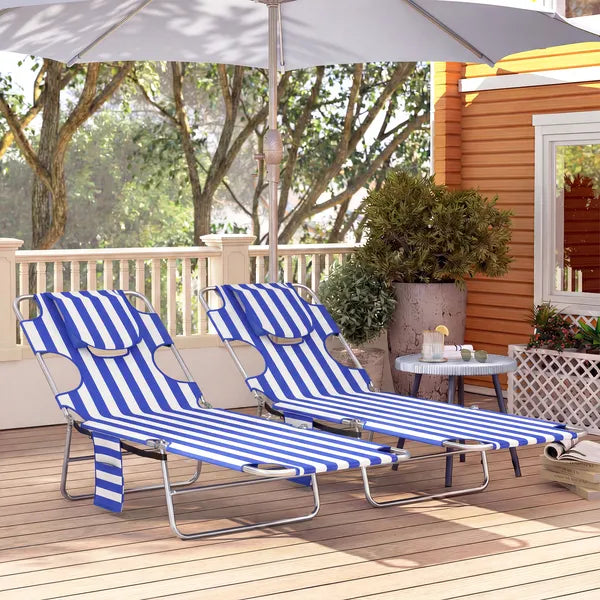 2 Tanning Chairs with Face Hole, 5-Level Adjustable Outdoor Chaise Lounge Chair with Pillow for Beach, Pool, Blue Stripe - product image 9