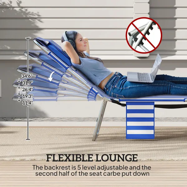 2 Tanning Chairs with Face Hole, 5-Level Adjustable Outdoor Chaise Lounge Chair with Pillow for Beach, Pool, Blue Stripe - product image 4