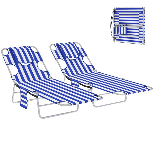 2 Tanning Chairs with Face Hole, 5-Level Adjustable Outdoor Chaise Lounge Chair with Pillow for Beach, Pool, Blue Stripe - product image 11