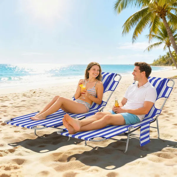 2 Tanning Chairs with Face Hole, 5-Level Adjustable Outdoor Chaise Lounge Chair with Pillow for Beach, Pool, Blue Stripe - product image 10