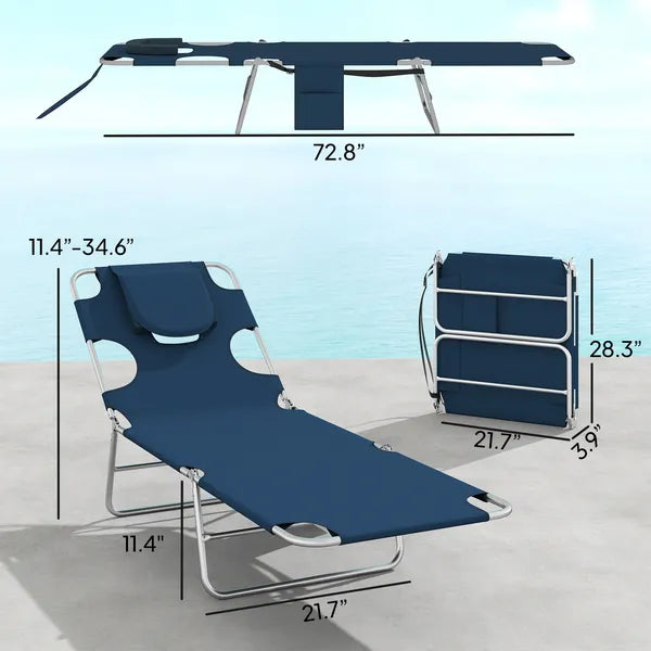 Outsunny 2 Tanning Chairs with Face Hole, 5-Level Adjustable Outdoor Chaise Lounge Chair with Pillow for Beach, Pool, Dark Blue - product image 3