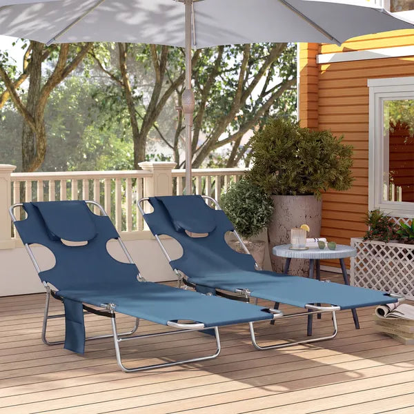 Outsunny 2 Tanning Chairs with Face Hole, 5-Level Adjustable Outdoor Chaise Lounge Chair with Pillow for Beach, Pool, Dark Blue - product image 9