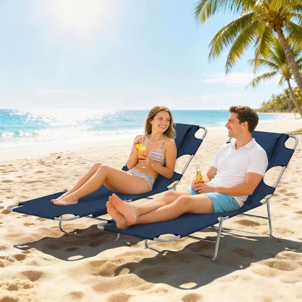 Outsunny 2 Tanning Chairs with Face Hole, 5-Level Adjustable Outdoor Chaise Lounge Chair with Pillow for Beach, Pool, Dark Blue - product image 10