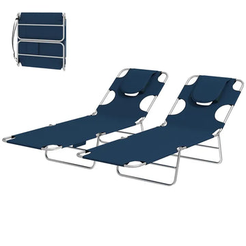 Outsunny 2 Tanning Chairs with Face Hole, 5-Level Adjustable Outdoor Chaise Lounge Chair with Pillow for Beach, Pool, Dark Blue - product image 1
