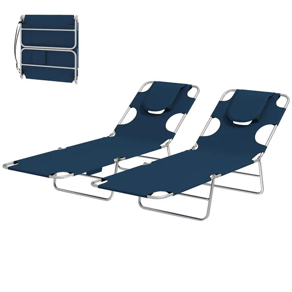 Outsunny 2 Tanning Chairs with Face Hole, 5-Level Adjustable Outdoor Chaise Lounge Chair with Pillow for Beach, Pool, Dark Blue - product image 1
