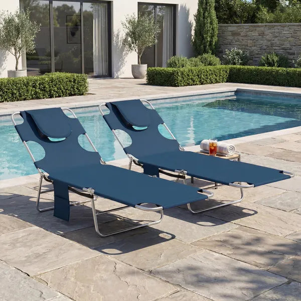 Outsunny 2 Tanning Chairs with Face Hole, 5-Level Adjustable Outdoor Chaise Lounge Chair with Pillow for Beach, Pool, Dark Blue - product image 8