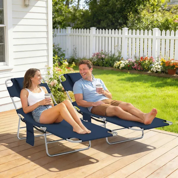Outsunny 2 Tanning Chairs with Face Hole, 5-Level Adjustable Outdoor Chaise Lounge Chair with Pillow for Beach, Pool, Dark Blue - product image 2