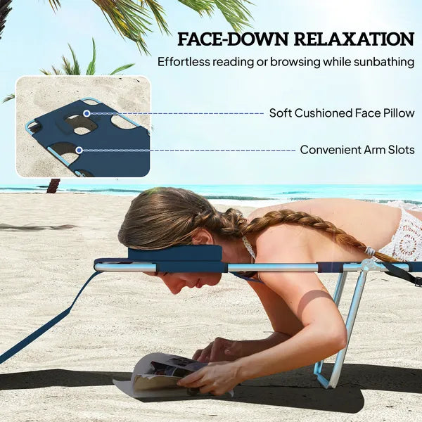 Outsunny 2 Tanning Chairs with Face Hole, 5-Level Adjustable Outdoor Chaise Lounge Chair with Pillow for Beach, Pool, Dark Blue - product image 5