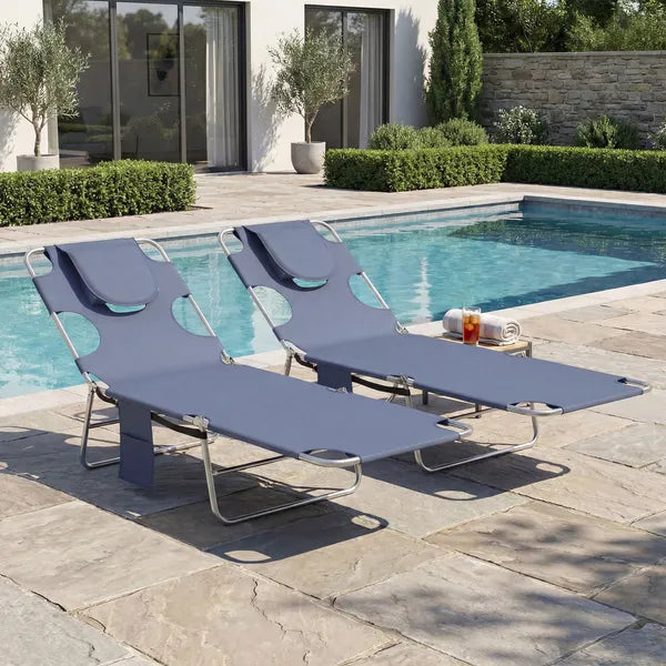 Outsunny 2 Tanning Chairs with Face Hole, 5-Level Adjustable Outdoor Chaise Lounge Chair with Pillow for Beach, Pool, Gray - product image 8