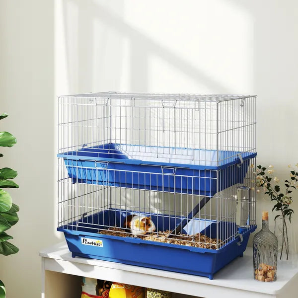 PawHut 2-Tier Guinea Pig Cage, Ferret Cage, Chinchilla Cage, Small Animal Cage Indoor with Dish and Bottle, 2 Doors, Deep Bottoms, Ramp, 28", Blue - product image 9