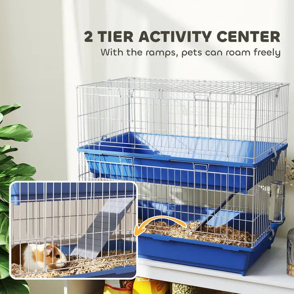 PawHut 2-Tier Guinea Pig Cage, Ferret Cage, Chinchilla Cage, Small Animal Cage Indoor with Dish and Bottle, 2 Doors, Deep Bottoms, Ramp, 28", Blue - product image 6