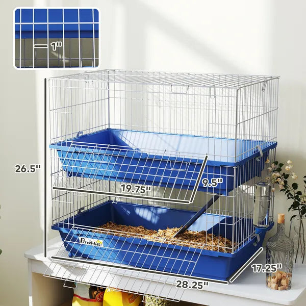 PawHut 2-Tier Guinea Pig Cage, Ferret Cage, Chinchilla Cage, Small Animal Cage Indoor with Dish and Bottle, 2 Doors, Deep Bottoms, Ramp, 28", Blue - product image 3