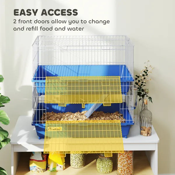 PawHut 2-Tier Guinea Pig Cage, Ferret Cage, Chinchilla Cage, Small Animal Cage Indoor with Dish and Bottle, 2 Doors, Deep Bottoms, Ramp, 28", Blue - product image 4