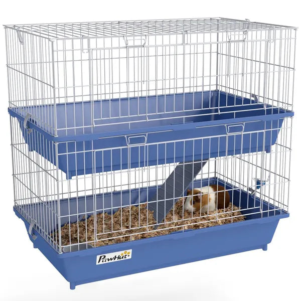 PawHut 2-Tier Guinea Pig Cage, Ferret Cage, Chinchilla Cage, Small Animal Cage Indoor with Dish and Bottle, 2 Doors, Deep Bottoms, Ramp, 28", Blue - product image 11