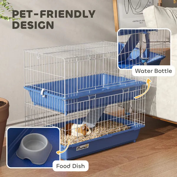 PawHut 2-Tier Guinea Pig Cage, Ferret Cage, Chinchilla Cage, Small Animal Cage Indoor with Dish and Bottle, 2 Doors, Deep Bottoms, Ramp, 28", Blue - product image 5
