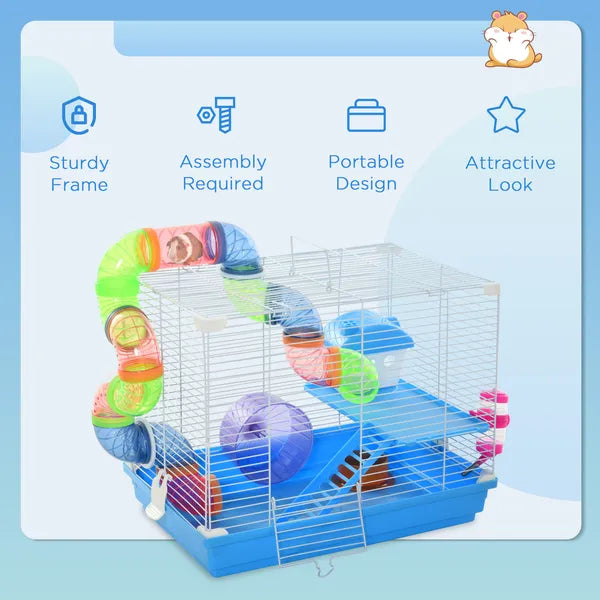 PawHut 2-Tier Hamster Cage Gerbil House with Portable Carry Handles, Anti-Pinning, Plastic Tray, Water Bottle, Food Dishes, Blue - product image 7