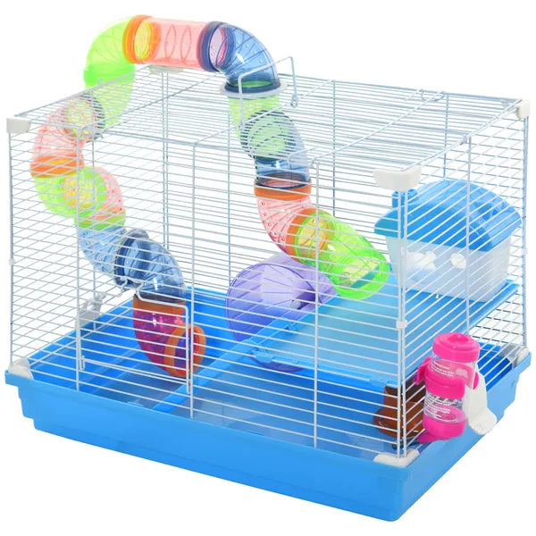 PawHut 2-Tier Hamster Cage Gerbil House with Portable Carry Handles, Anti-Pinning, Plastic Tray, Water Bottle, Food Dishes, Blue - product image 11