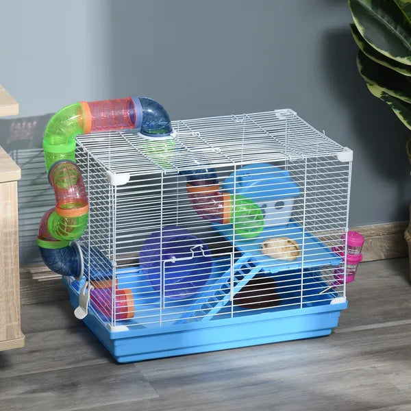 PawHut 2-Tier Hamster Cage Gerbil House with Portable Carry Handles, Anti-Pinning, Plastic Tray, Water Bottle, Food Dishes, Blue - product image 2