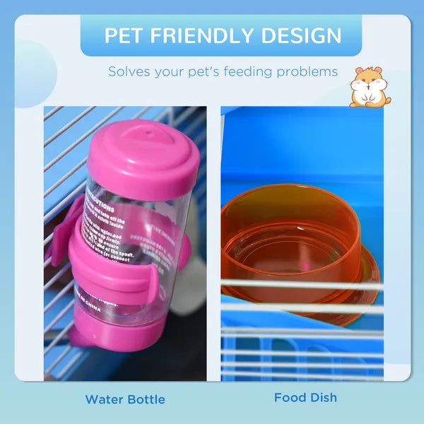 PawHut 2-Tier Hamster Cage Gerbil House with Portable Carry Handles, Anti-Pinning, Plastic Tray, Water Bottle, Food Dishes, Blue - product image 5