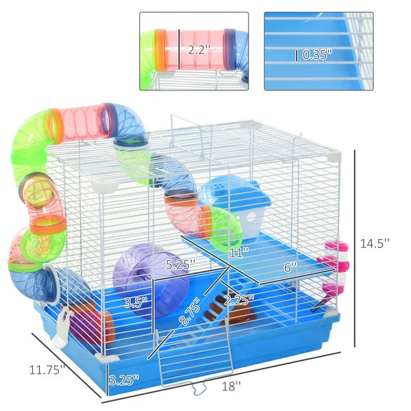 PawHut 2-Tier Hamster Cage Gerbil House with Portable Carry Handles, Anti-Pinning, Plastic Tray, Water Bottle, Food Dishes, Blue - product image 3