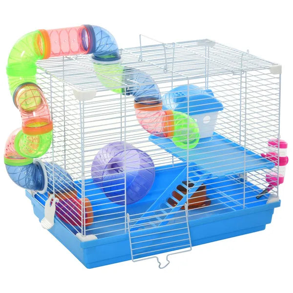 PawHut 2-Tier Hamster Cage Gerbil House with Portable Carry Handles, Anti-Pinning, Plastic Tray, Water Bottle, Food Dishes, Blue - product image 1